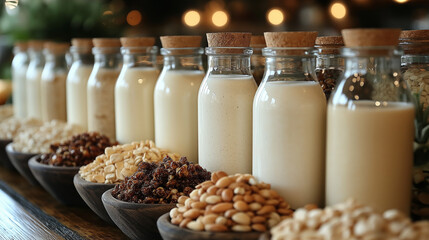 A bottles of alternative milk and ingredients for cooking.