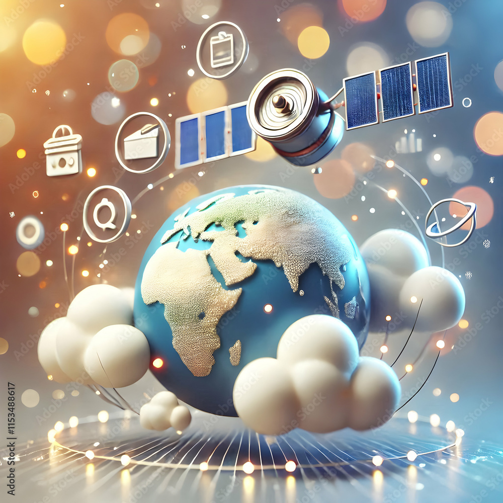 Poster 3d satellite orbiting earth with data streams over blurry bokeh digital art image