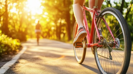 Naklejka premium Serene Cycling Through a Lush Forest at Sunset