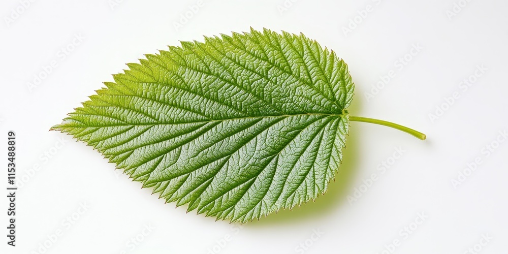 Poster isolated raspberry leaf displayed on a white background, emphasizing the vibrant green color and uni