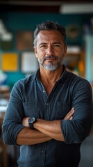Obraz premium Man with gray hair and beard stands confidently with crossed arms, wearing a dark shirt in a relaxed setting