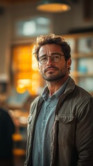 Obraz premium Man with glasses and a beard stands indoors, wearing a jacket, with a warm, softly lit background behind him