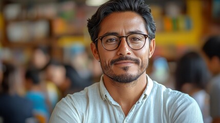 Fototapeta premium Confident man with glasses and a beard smiles warmly, surrounded by a blurry library or bookstore environment