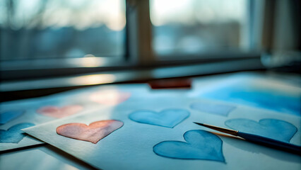 Valentine Watercolor Hearts Art Pastel Hues Soft Digital Paint Concept with Empty Space Left Side