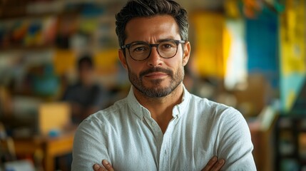 Obraz premium Man with glasses and a beard wearing a light shirt, standing confidently in a colorful room