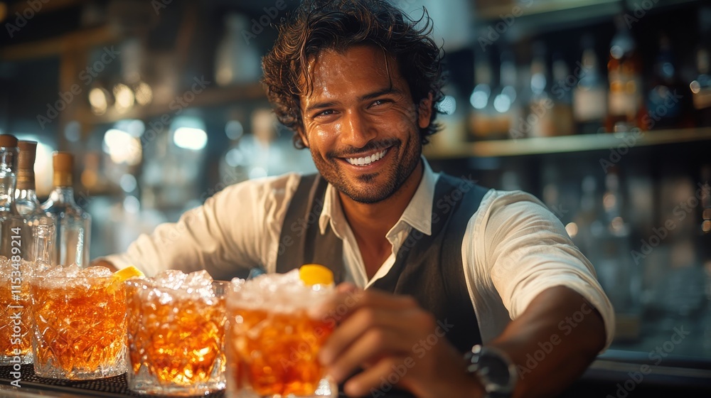 Aufkleber bartender with a friendly smile is serving drinks with orange slices, standing behind a bar filled w
