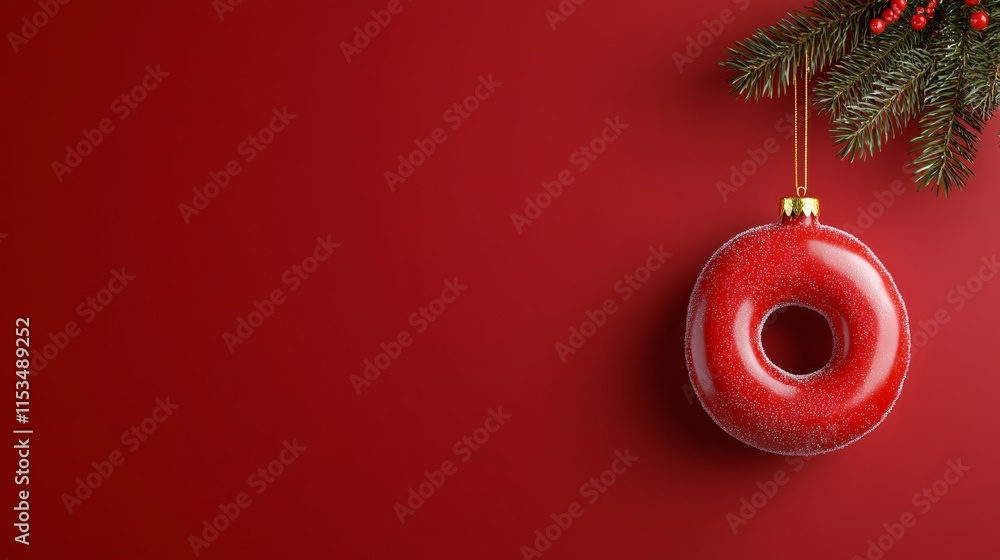 Poster red donut hanging from a christmas tree. the red background and the red donut create a festive and j
