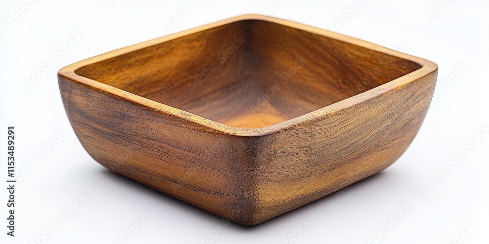 Poster isolated white background featuring an empty wooden square bowl, emphasizing the unique design and t