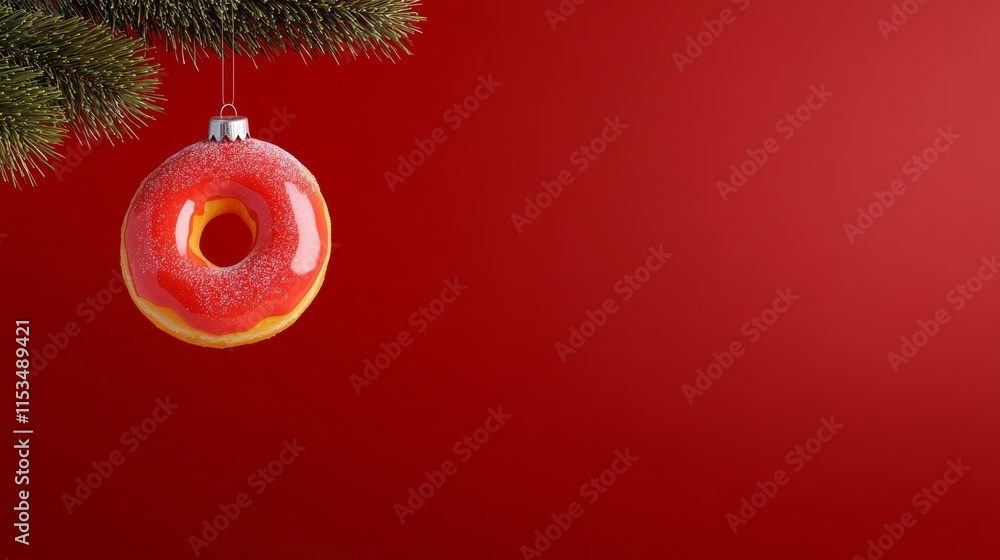 Aufkleber red background with a donut hanging from a tree. the donut is decorated with powdered sugar