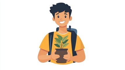 Cheerful person holding a potted plant with backpack illustration