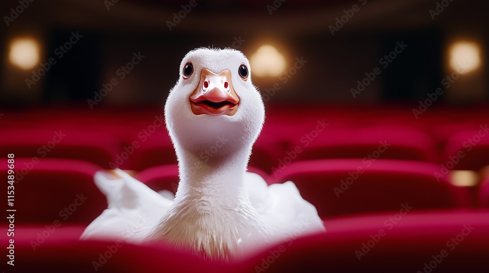 Aufkleber duck is standing in front of a red chair. the duck is smiling and looking at the camera