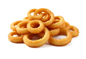 A pile of golden brown fried onion rings, crispy and appetizing