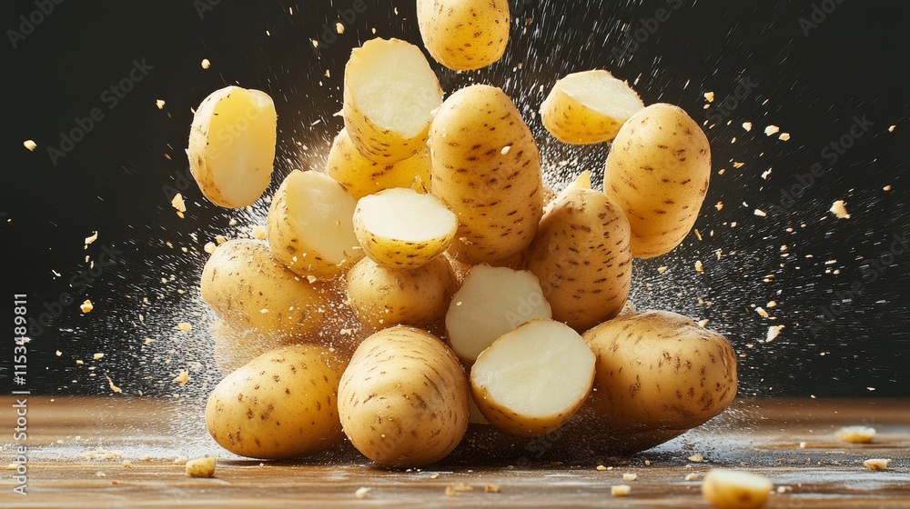 Poster pile of potatoes with some of them cut open. concept of chaos and disorder, as the potatoes are scat