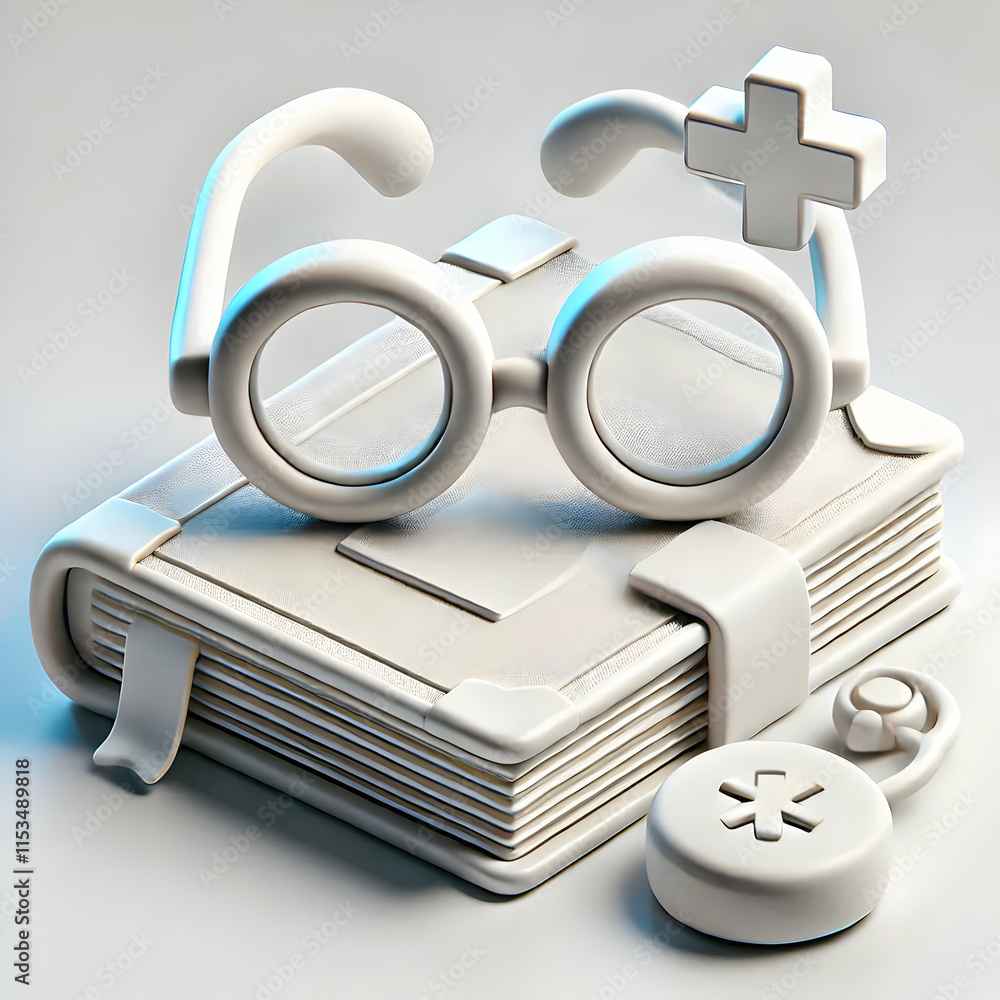 Poster 3d plain white background with a pair of glasses and a book placed nearby concept as a simple plain 
