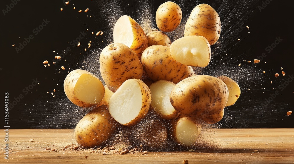 Poster pile of potatoes with one of them cut in half. the pile of potatoes is falling apart and the image h