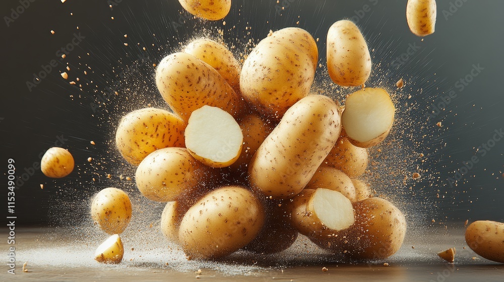 Poster pile of potatoes is shown with some of them being cut open. the image has a sense of chaos and destr