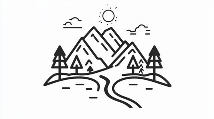 Minimalist Line Art of Mountains and Trees with Sun and Clouds