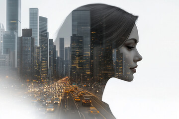 profile of a woman blending perfectly with the skyline of tall buildings and a busy street full of colourful moving cars.