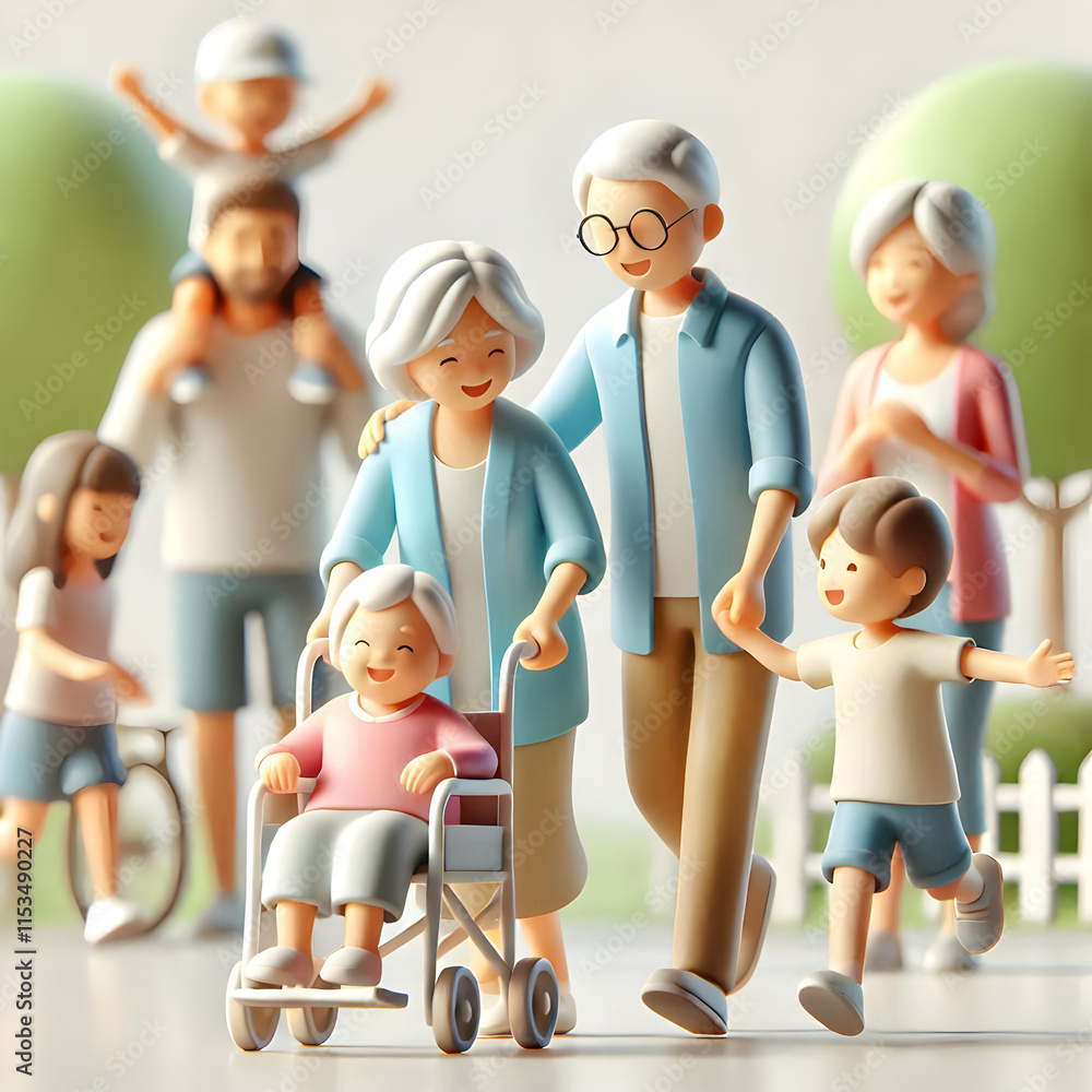 Poster 3d candid photo of a family playing in a park with a senior member concept as a candid image of mult