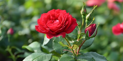 Close up of a vibrant red spray rose in a lush garden setting. The large bud of the red spray rose stands out beautifully against the natural background, showcasing its stunning details.