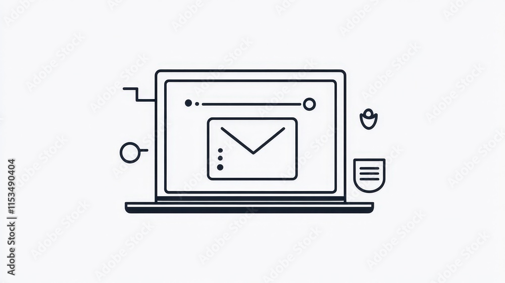 Poster laptop with email icon and security elements in minimalist design
