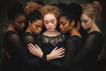 a line-up of multi-ethnic women, each hugging the other from behind. Sisterhood, union, complicity