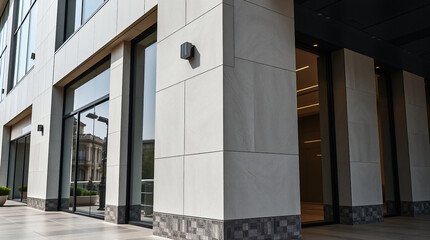 Modern building exterior featuring light gray concrete panels, large glass storefront windows and doors, and recessed lighting fixtures.  A textured stone base runs along the bottom.