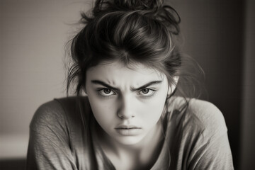 The discomfort of female adolescence. Black and white image of a young teenager experiencing her own inner discomfort