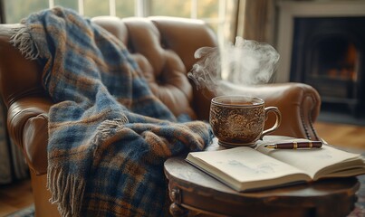 Cozy autumn scene leather armchair, warm blanket, hot drink, notebook, pen.