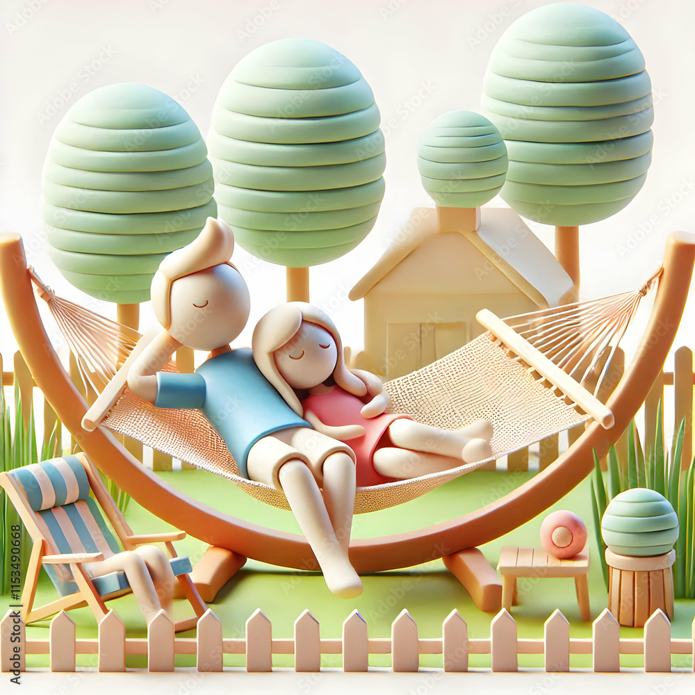 Aufkleber 3d family relaxing in a backyard hammock soft abstract nature background with copy space concept as 