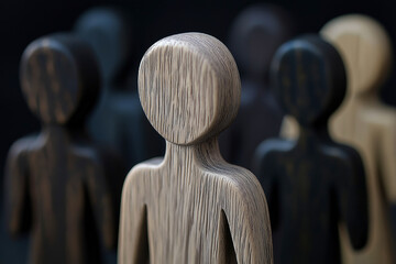 Minority concept illustrated with an image of a wooden figure in the foreground surrounded by similar dark-coloured wooden silhouettes. Concept of inequality and minority