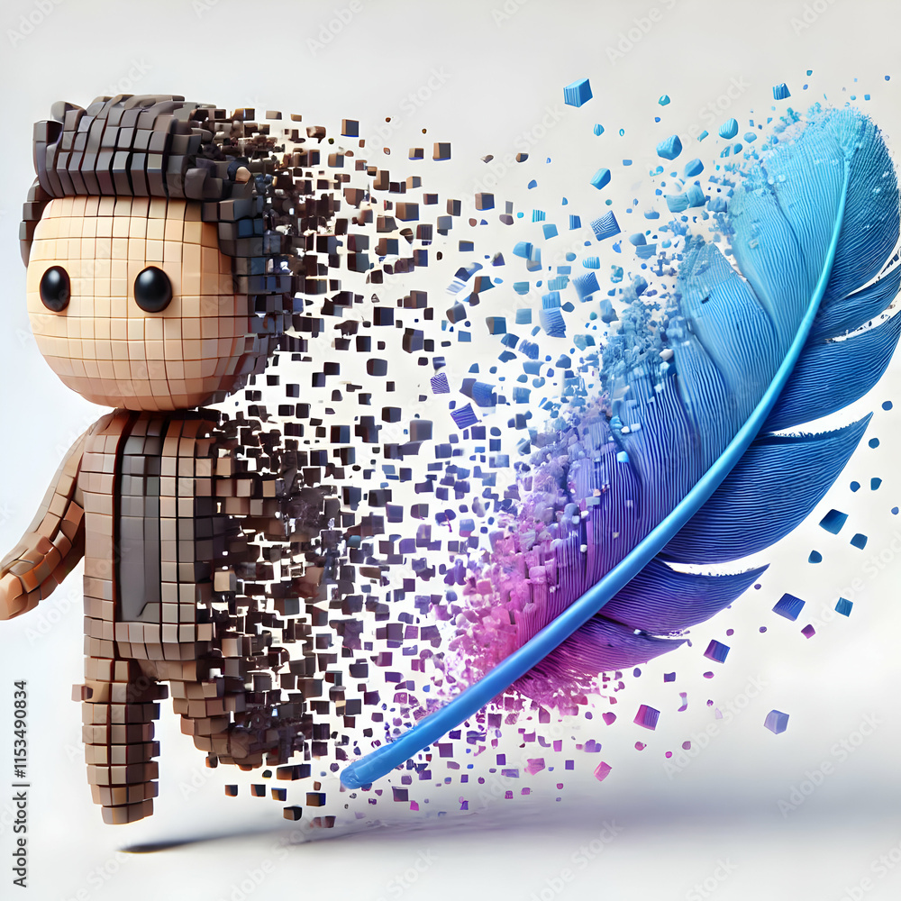 Poster 3d digital feather dissolving into pixels, abstract transformation concept
