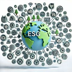3D Floating Network of Interconnected ESG Icons Highlighting Environmental, Social, Governance Concepts