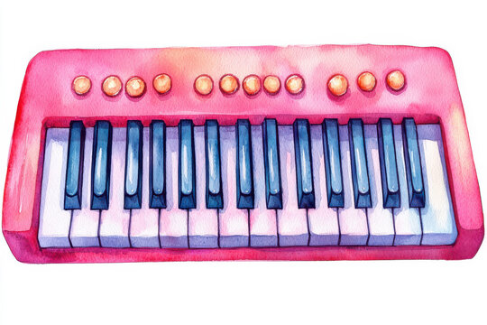 Colorful watercolor electric clavinet with glowing keys isolated design on white backgro