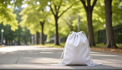 A white drawstring backpack sitting on a concrete sidewalk with blurred trees in the background