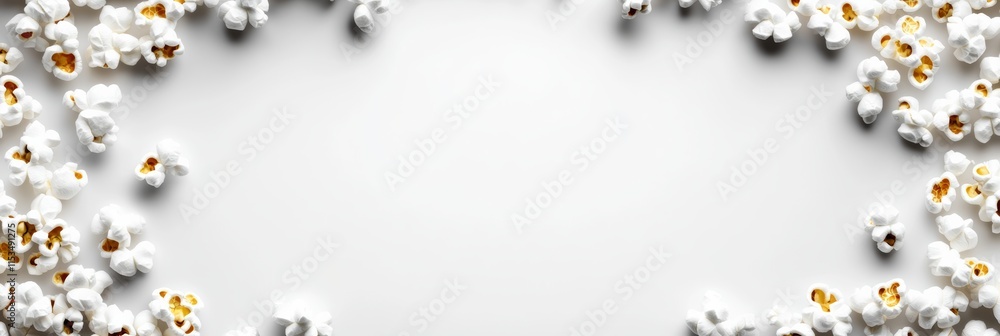 Poster white background with a bunch of popcorn on it. the popcorn is scattered all over the background, cr