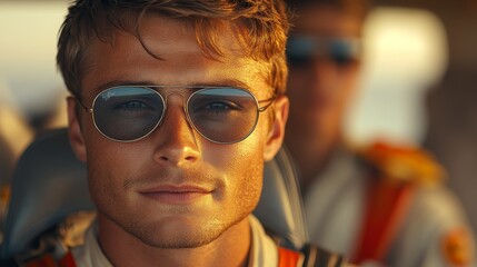 Man wearing aviator sunglasses and a pilot uniform sits in an aircraft cockpit, with another person in the background