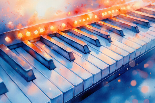 Watercolor painting of glowing electric clavinet with vibrant colors isolated design on white backgro