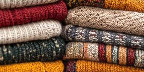 Collection of knitted woolen sweaters in autumn colors, showcasing various knitting patterns neatly folded in a pile. Experience the warmth and coziness of fall knitwear in this inviting display.