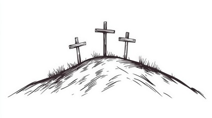 Crosses on a Hill in Sketch Style with Grass and Landscape Details