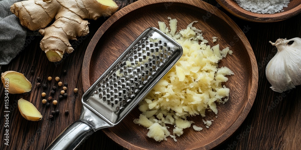 Poster high angle view featuring a grater and fresh ginger placed on a wooden plate set against a rustic ta