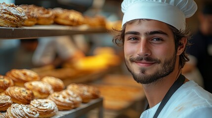 Smiling chef wearing a white hat, standing beside racks of freshly baked pastries dusted with powdered sugar