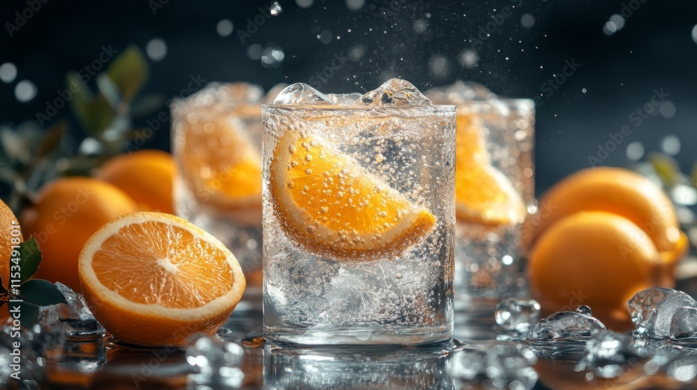 Poster three glasses filled with sparkling water and orange slices, surrounded by whole oranges and ice, cr