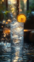 Refreshing glass of sparkling water with ice and a slice of lemon, surrounded by splashing water droplets and light