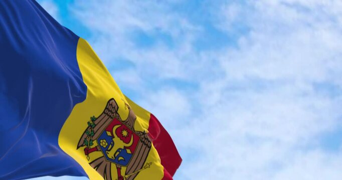 Moldova national flag waving in the wind on a clear day