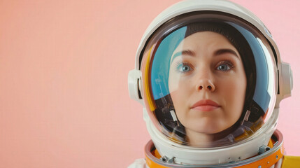 A detailed close-up of a female astronaut in a white space suit with a colorful reflective helmet, standing against a peach background, with copy space.