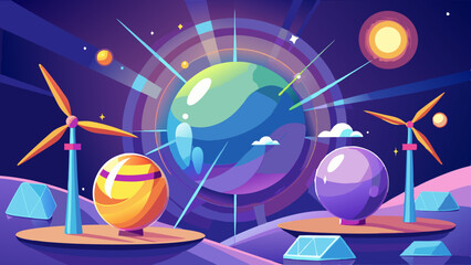 Energy sparkles with glowing orbs and wind turbine in futuristic vector illustration. Renewable energy concept with vibrant light effects and sustainable technology.
