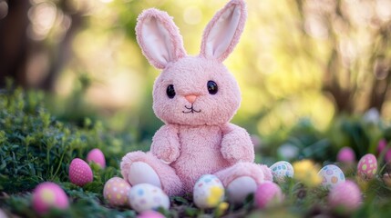 Obraz premium Adorable pink handmade stuffed animal featuring an Easter bunny design, perfect for themed celebrations. This pink stuffed animal Easter bunny adds a charming touch to any festive occasion.