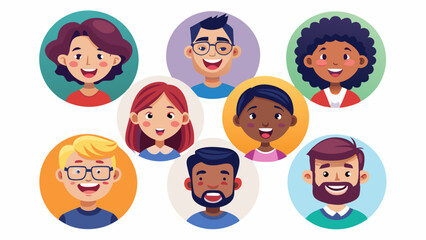 Set of diverse people’s faces representing different emotions and professions, vector illustration.
