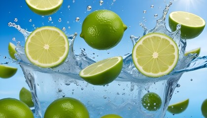 Sliced limes in water with splashing and bubbles , against a bright blue sky background